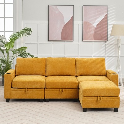 Hyleory 91" Modern Chenille Fabric Storage Sectional Sofa with Ottoman for Living Room