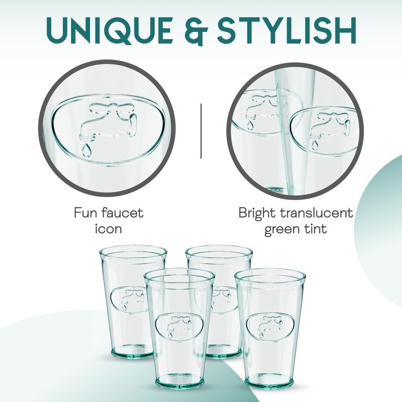 Amici Home Italian Recycled Green Water Tap Hiball Glass, Drinking Glassware with Green Tint, Embossed Water Faucet Icon, Set of 4,16-Ounce, 4 of 9