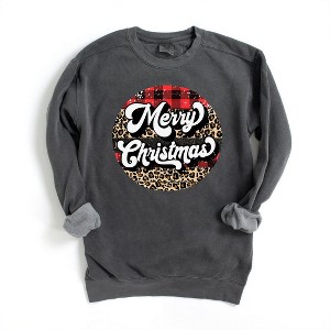 Simply Sage Market Women's Garment Dyed Graphic Sweatshirt Buffalo Plaid Leopard Merry Christmas - 1 of 2