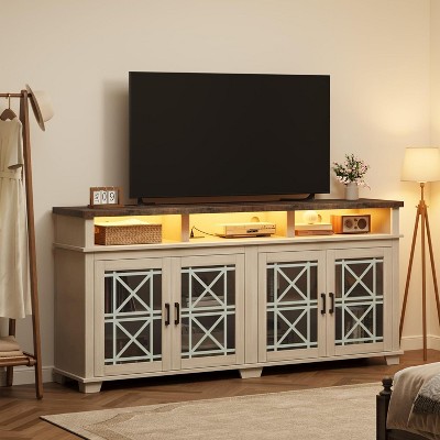 Homhougo Farmhouse TV Stand for 81 Inch, Mid Century Modern Entertainment Center with LED Lights and Storage, Wooden Media Console Cabinet, White