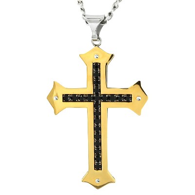Men's Crucible Gold Plated Stainless Steel Black Cubic Zirconia Cross Pendant Necklace