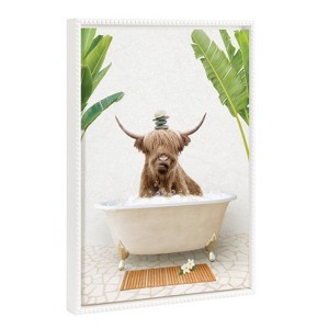 18"x24" Sylvie Beaded Highland Cow and Stacked Rocks Bali Bath Framed Canvas by Amy Peterson White - Kate & Laurel All Things Decor - 1 of 4