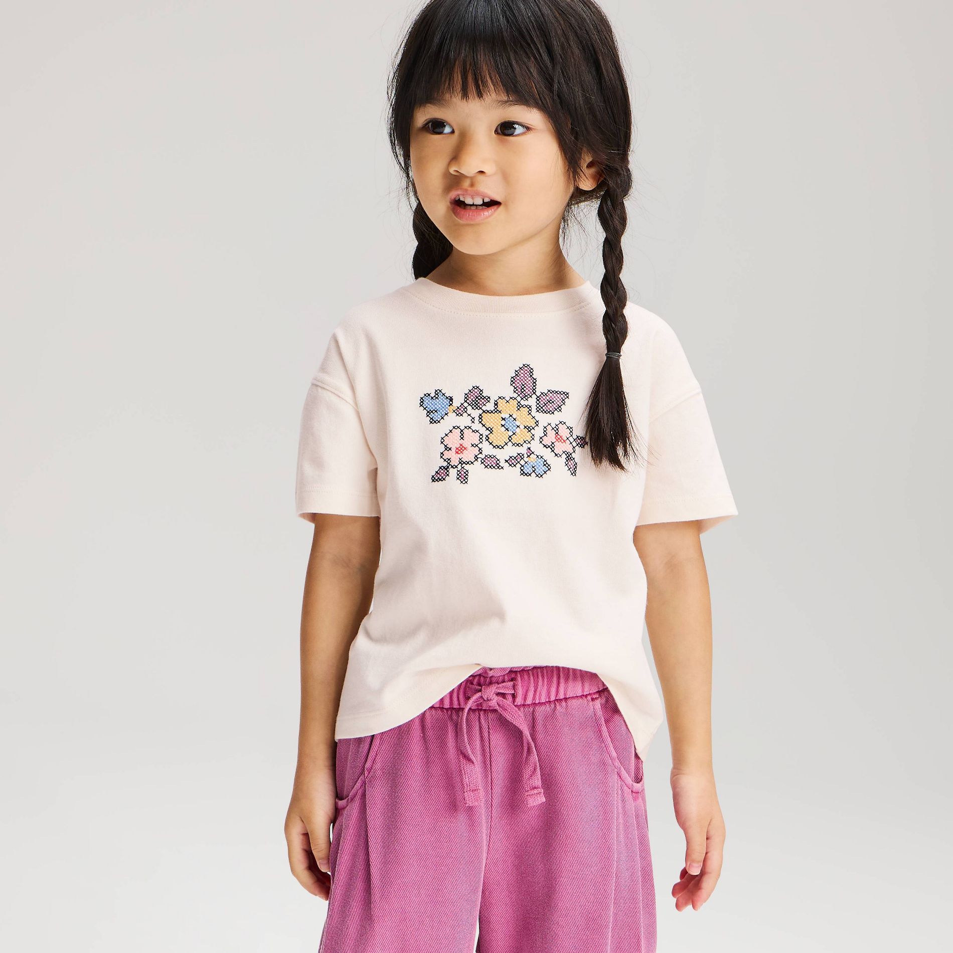 Toddler Girls' Cross Stitch Floral Oversized T-Shirt - Cat & Jack™ Cream 5T