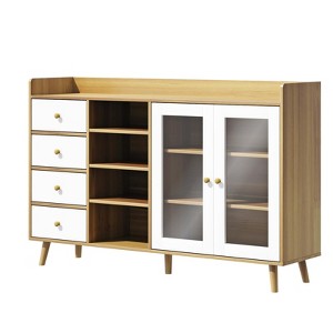 55” Particleboard Glass Door Sideboard - 4 Drawers & 3-Tier Storage Cabinet with Raised Edge Fence, Wood Legs, 280LBS Top Capacity - 1 of 4