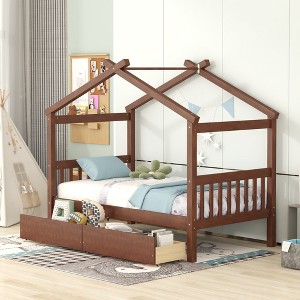 Twin Size Wooden House Bed with Two Drawers - 1 of 4