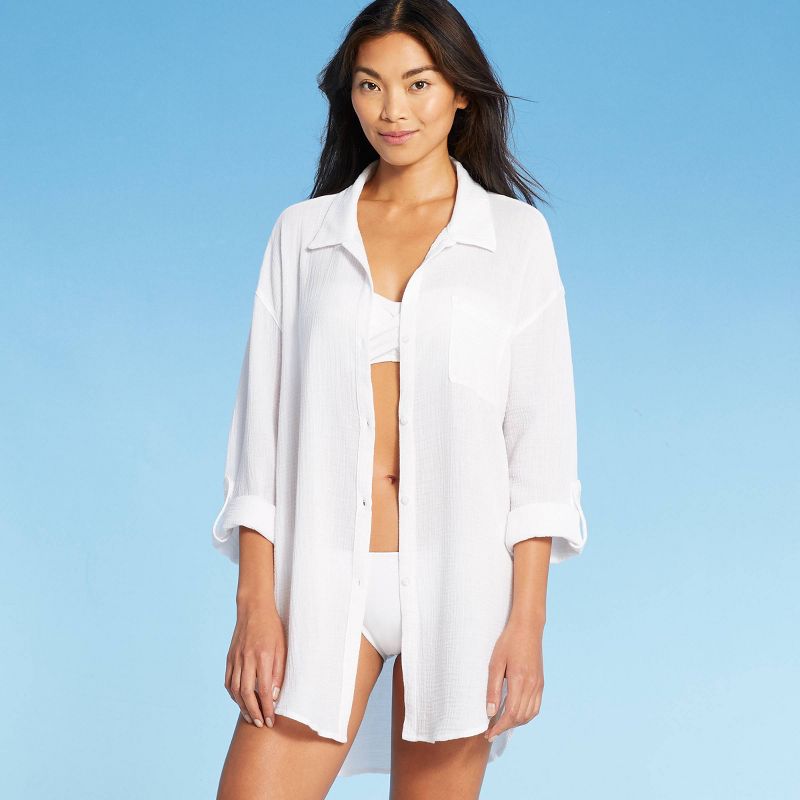 Women&#39;s Button-Up Cover Up Shirtdress - Kona Sol&#8482; White L, 1 of 6