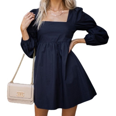 Amaryllis Women's Long Puff Sleeve Square Neck Mini Dress With Flared 