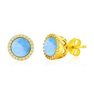 Caribbean Treasures Sterling Silver, 9.5mm Round Larimar, CZ Halo Studs - Gold Plated - Blue - 1 of 2