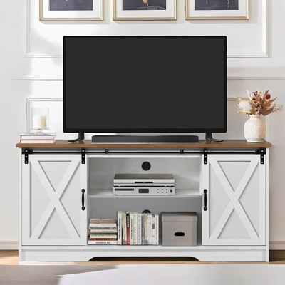 ORRD Modern Farmhouse Wood TV Stand (Oak/Solid White) – Fits 58" TVs, Sliding Barn Doors, Adjustable Shelves, Corner-Small Spaces