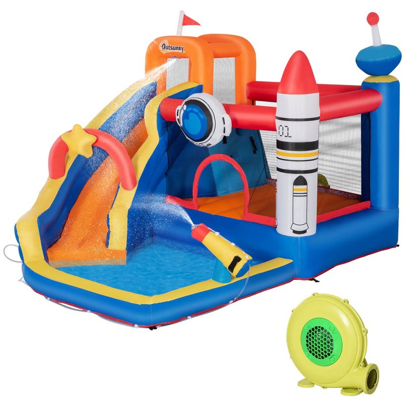 Outsunny 5-in-1 Inflatable Water Slide Kids Bounce House Space Theme Includes Slide Trampoline Pool Cannon Climbing Wall with 450W Air Blower, 4 of 7