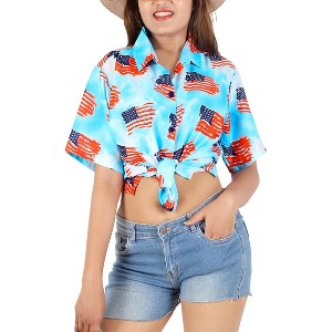 HAPPY BAY Women's Hawaiian American US Patriotic Flag Top Shirts Short Sleeve Button Down Summer Shirt for Women - 1 of 4
