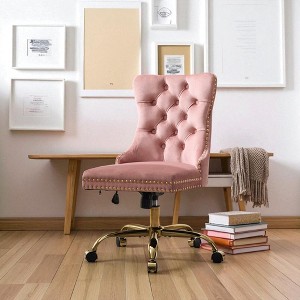 Modern Velvet Tufted Swivel Office Chair with Golden Metal Base, Adjustable Upholstered Desk Chair for Home Office - 1 of 4
