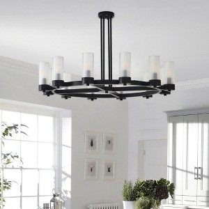 PAKOKULA 47.2 in. 12-Light Black Wagon Wheel Semi-Flush Mount Ceiling Light with Double-Layer Glass Shades, E12 Base, Dimmable - 1 of 4