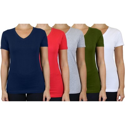 Blu Rock Women's Loose Fit  Short Sleeve V-Neck Cotton Stretch Tees-5 Pack