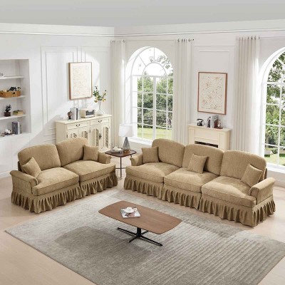 Mid-Century Sectional Sofa, 3-Seat Sofa and 2-Seat Loveseat with Flared Arms with Removable Skirt, Chenille Sofa with Cushion-Coolbibila