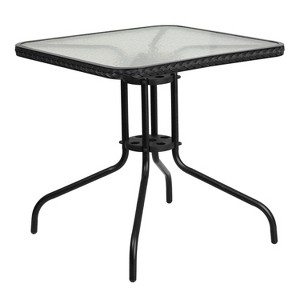 Emma and Oliver 28" Square Tempered Glass Metal Table with Rattan Edging - 1 of 4