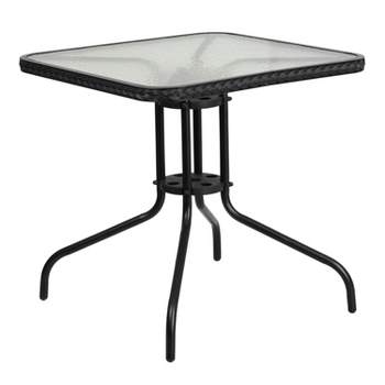 Emma and Oliver 28" Square Tempered Glass Metal Table with Rattan Edging