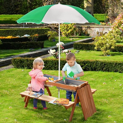 Natural Fir Wood Kids Picnic Table with Green Umbrella and Storage