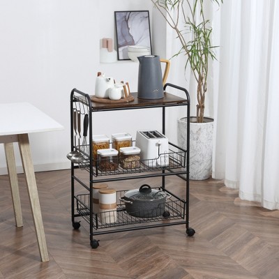 Rustic Brown 3-Tier Wood and Metal Kitchen Cart with Storage