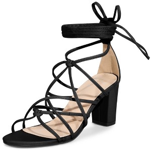 Allegra K Women's Open Toe Knots Strap Lace Up Chunky Heels Sandals - 1 of 4
