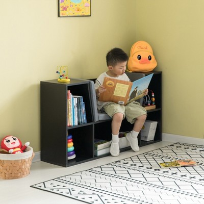 Black Wood Kids Bookshelf with Cushioned Reading Nook and Storage Cubes