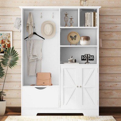 NicBex Hall Tree 47 In Entryway 4-in-1 Hall Tree with 7 Hooks, 4 Open Shelves, 1 Drawer and a Cabinet, Soft White