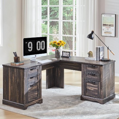 SinCiDo Farmhouse 60" L Shaped Corner Desk, Wooden Executive Office Desk w/ Charging Station, File Drawer & Storage Cabinet