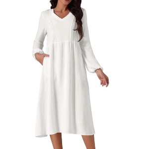 Seta T Women's Elegant Frilled Long Sleeve V Neck Pleated Fit Flare A-Line Midi Dress - 1 of 4