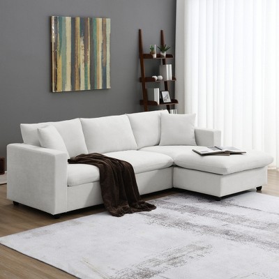 SKRAN Modern Sectional Sofa，101*66"L-shapedwith Polyester Fabric Couch Set Movable Ottoman for Living Room, Apartment(White)