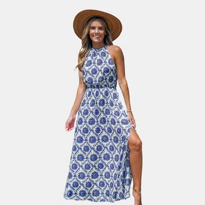 Women's Bohemian Floral Halter Maxi Dress with Side Slit - Cupshe