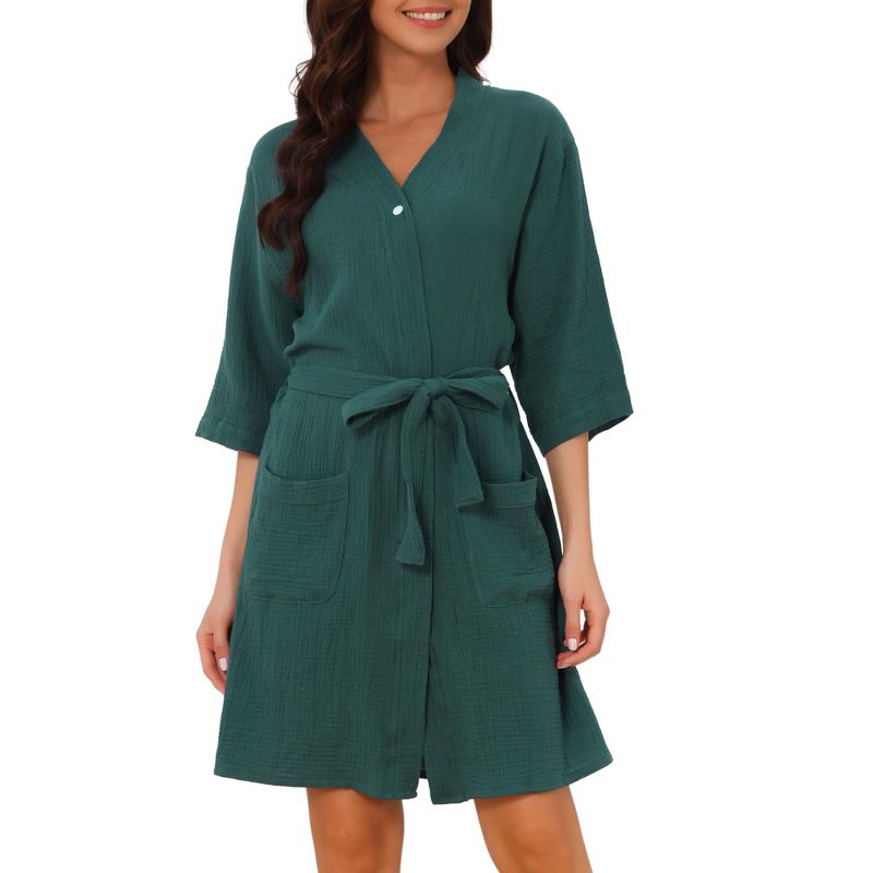 Women's Cotton Robe Waffle Midi 3/4 Sleeve Wearable Robes Snap Belt Bathrobes After Shower Beach Robe Dress with Pockets Small Peacock Green