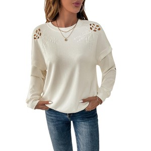Women's Long Sleeve Hollow Out Floral T-shirt Fall Causal Round Neck Loose Solid Color Pullover Top Blouse White M - 1 of 4