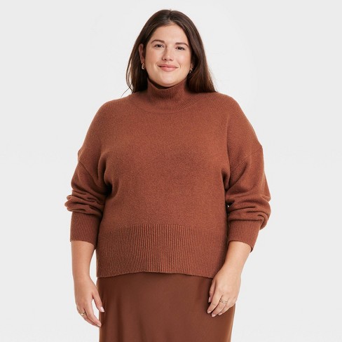 Women's Mock Turtleneck Pullover Sweater - A New Day™ Brown 1X