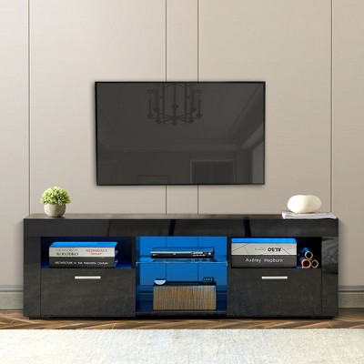 Chic Crate - Modern TV Media Console w/ Ambient RGB Lighting - High Gloss UV Finish - Lounge/Bedroom - Obsidian Black