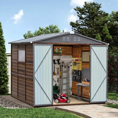 Outdoor Backyard Storage Shed, Storage Shed with Wood Frame and Iron Door and Window, Tool Shed with All-Weather Design -Coolbibila