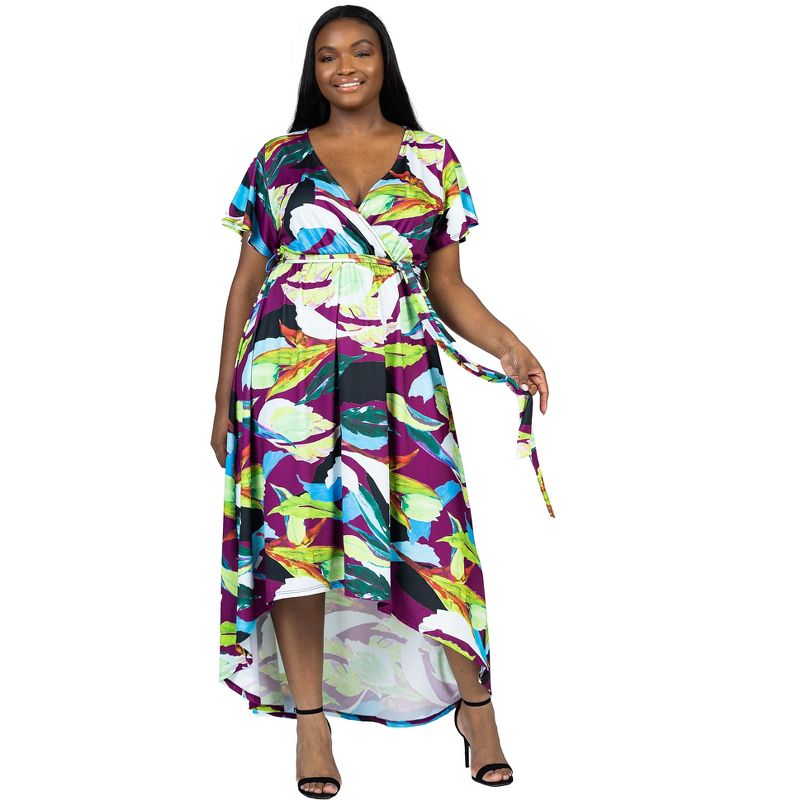24seven Comfort Apparel Plus Size Colorful Floral V Neck Belted High Low Faux Wrap Dress, 5 of 7