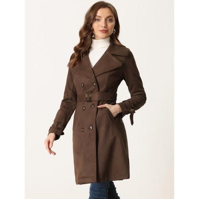 Allegra K Women's Faux Suede Notched Lapel Strap Cuff Solid Double Breasted Tie Belt Trench Coat Coffee Medium — фото 3
