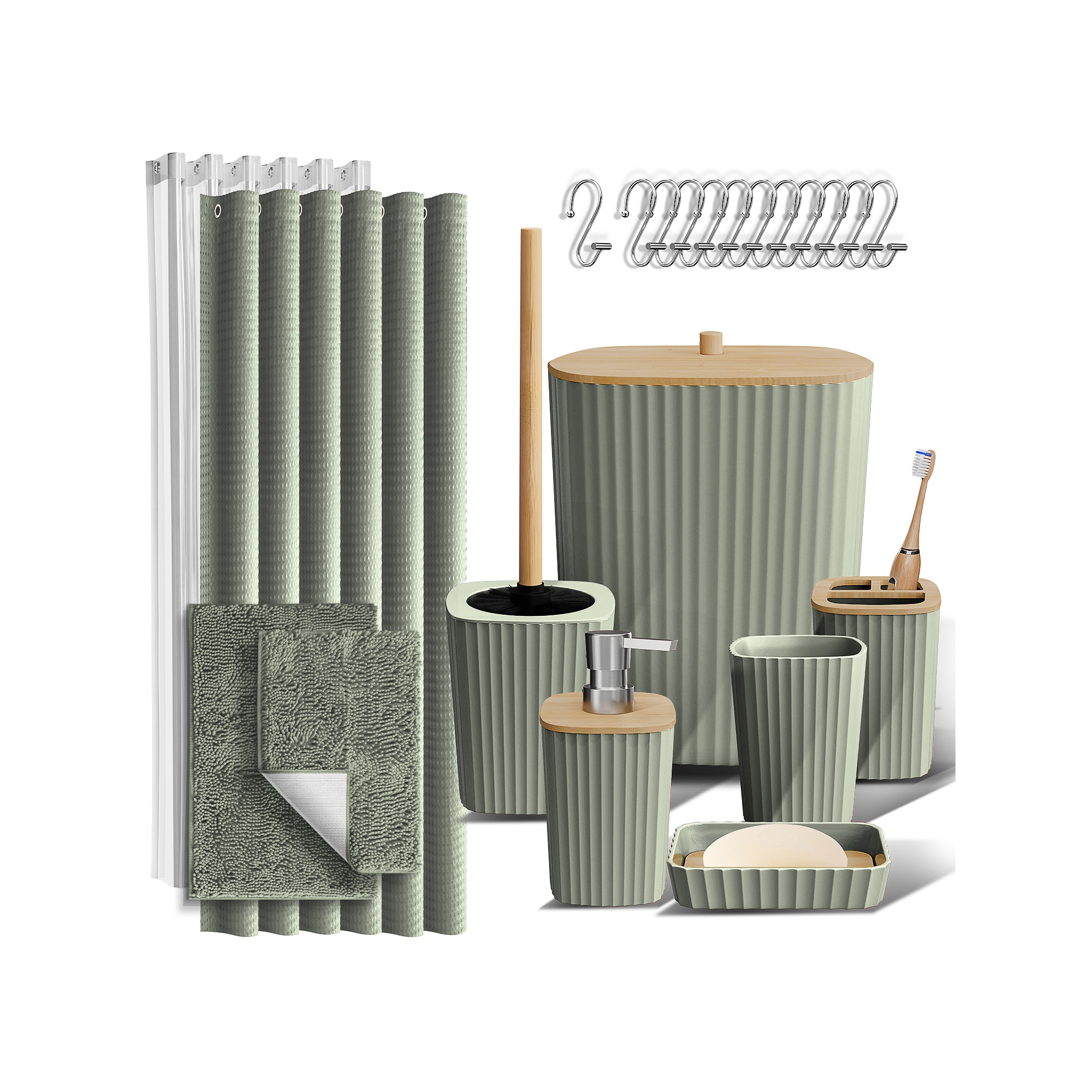 Hearth & Harbor Bathroom Accessories Set - 22PC Sage Bathroom Set with Shower Curtain and Rugs