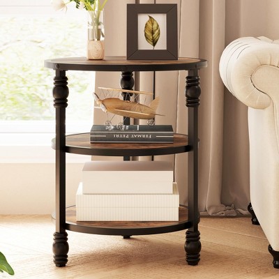Round End Table, 3-Tier Side Table Living Room Accent Table with Storage Shelf and Metal Industrial Wood Bed Side Table