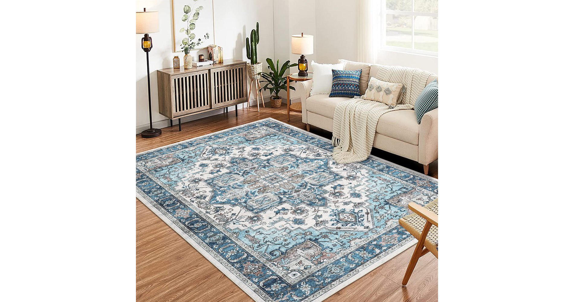 Garvee 9x12FT Area Rug -Machine Washable Vintage Rug Carpet for Bedroom Dinning Room, Distressed Area Rug Indoor Non Slip No Pile, Blue&Green