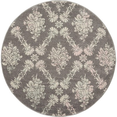 Tranquil TRA09 Grey/Pink Area Rug Vintage Floral Damask By Nourison