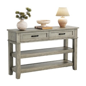 Farmhouse Entryway Console Table, 3-Tier Wooden Sofa Table with 2 Storage Drawers for Hallway Living Room and Entryway, Gray - 1 of 4