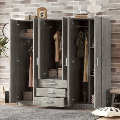 6 Doors Wooden Armoire Closet With Shelves And 3 Drawers,Wood Armoires And Wardrobes,Armoire Wardrobe,Wardrobe Closet -Maison Boucle