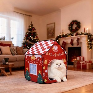 Christmas Folding Cat House Indoor - Festive Pet Tent Cabin, Portable Kitty Play & Sleep Shelter - 1 of 4