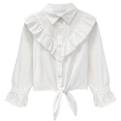 Girls Long Sleeve Ruffle Plaid Shirts Front Button Down Shirts for Girls Waist Knot Plaid Shirts,White - 2XL