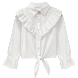 Girls Long Sleeve Ruffle Plaid Shirts Front Button Down Shirts for Girls Waist Knot Plaid Shirts,White - S - 1 of 4