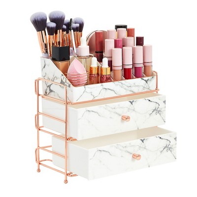 Glamlily White Marble Makeup Organizer with Rose Gold Trim, Cosmetic Storage Drawers for Vanity (9.5 x 9.5 x 5.5 in)