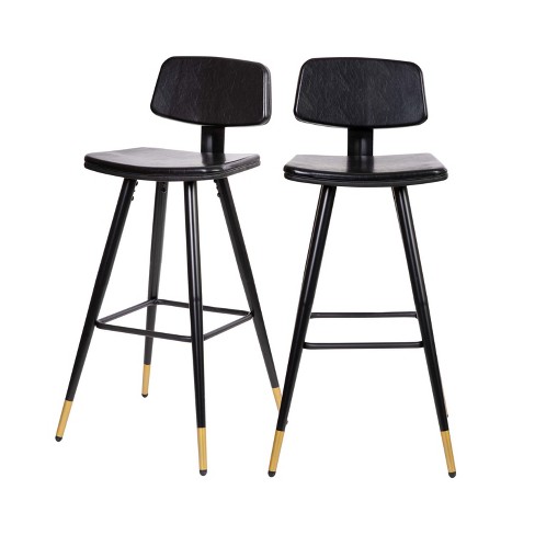 Flash Furniture Kora Commercial Grade Low Back Barstools Black LeatherSoft Upholstery Black Iron Frame Integrated Footrest Gold Tipped Legs Set of 2