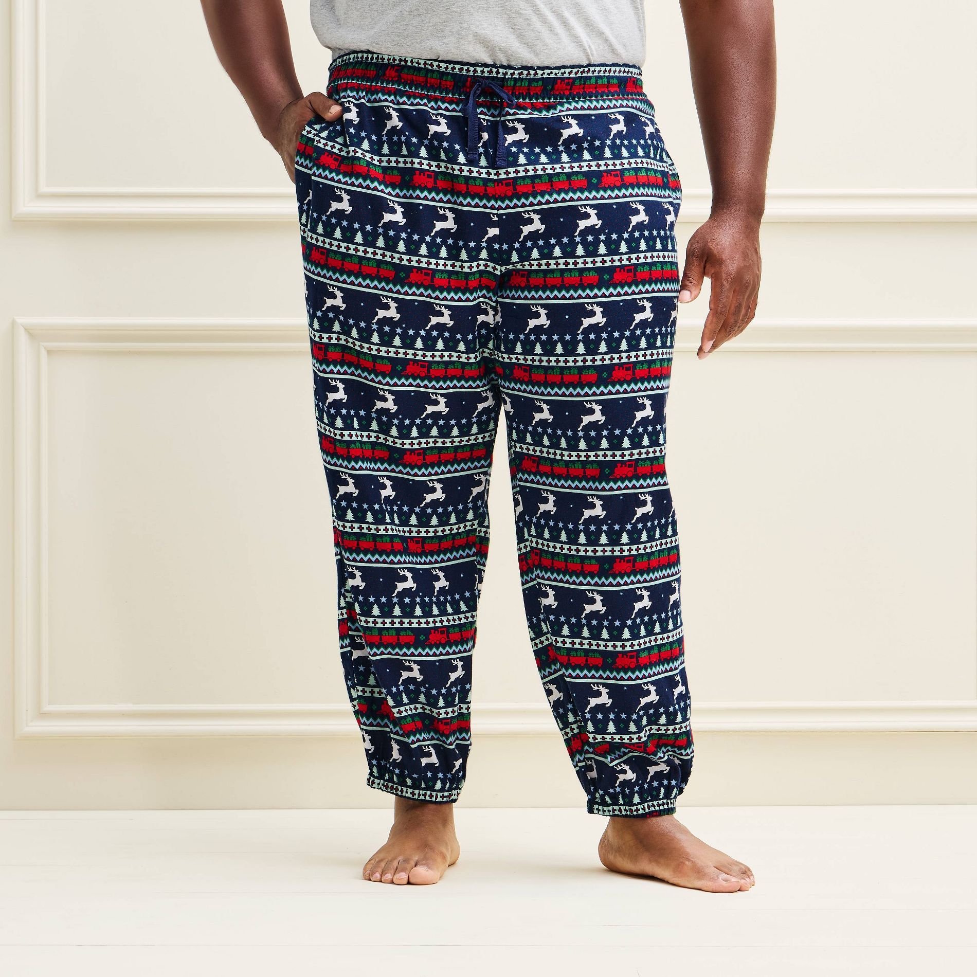 Men's Holiday Reindeer Fair Isle Flannel Matching Family Pajama Joggers - Wondershop™ Navy Blue