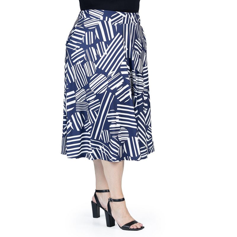 24seven Comfort Apparel Plus Size Navy Geometric Print Pleated Midi Skirt With Pockets, 2 of 7